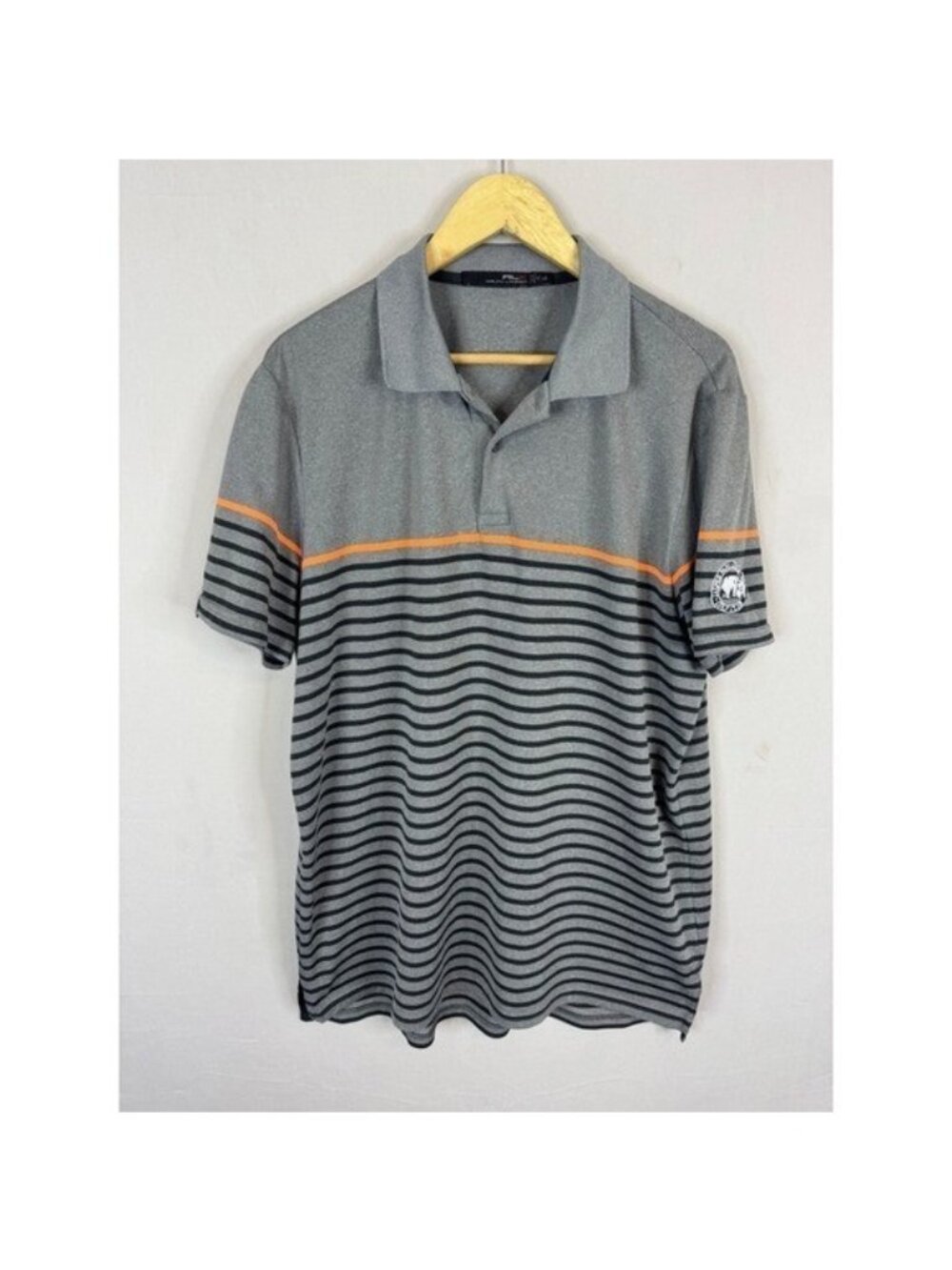 RLX Ralph Lauren Mens Grey Striped Golf Polo Shirt Jasper Park Lodge Large